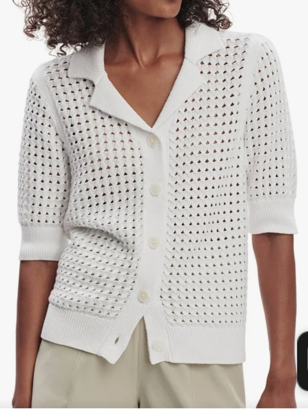 Varley White Open-Knit Short Sleeve Button-Front Cardigan